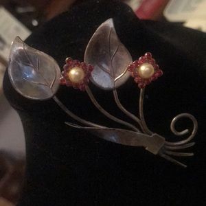 Vintage silver leaf brooch stones intact
